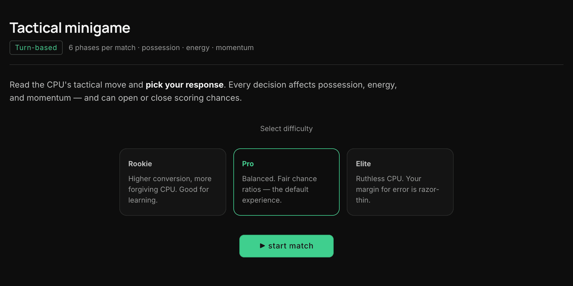 Turn-based tactical minigame: read the CPU's move, pick your response, watch possession and momentum shift.