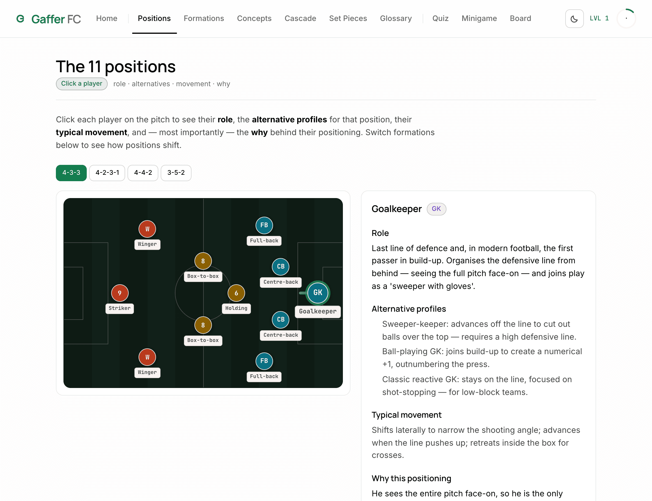 The Positions screen: an interactive 4-3-3 pitch with colour-coded roles and a side panel explaining each position.